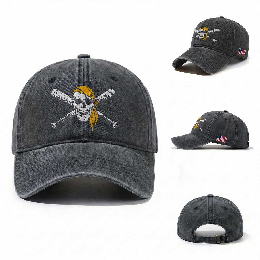 Baseball Pirate Skull Washed Cotton Baseball Cap Retro Vintage Cross Baseball Bats TS10 Washed Cap Universal Fit Dark Gray Print Your Wear