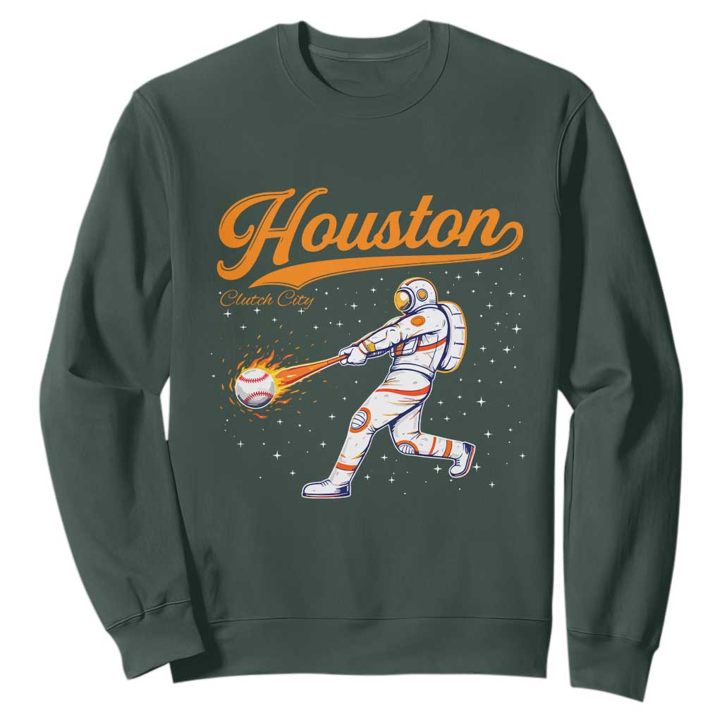 Houston Clutch City Sweatshirt Astronaut Baseball Player In Space TS10 Dark Forest Green Print Your Wear