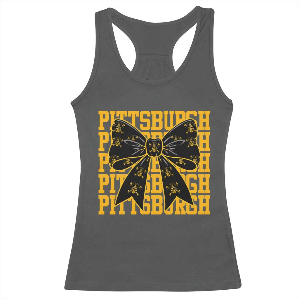 Pittsburgh Coquette Bow Racerback Tank Top Retro Sports Style Pirate Skull TS10 Dark Heather Print Your Wear