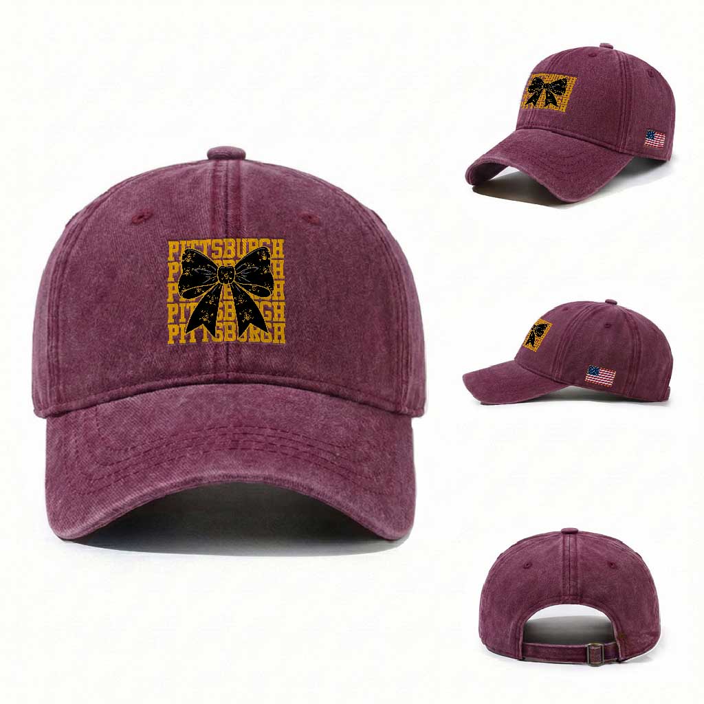 Pittsburgh Coquette Bow Washed Cotton Baseball Cap Retro Sports Style Pirate Skull TS10 Washed Cap Universal Fit Burgundy Print Your Wear