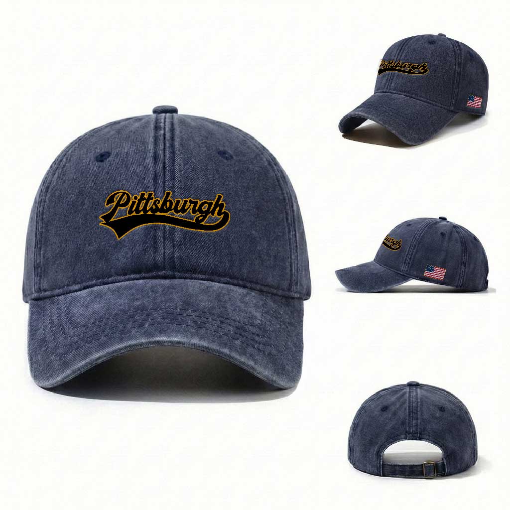 Vintage Pittsburgh Washed Cotton Baseball Cap Varsity Script Retro Sports Jersey Style Baseball Fans TS10 Washed Cap Universal Fit Navy Print Your Wear