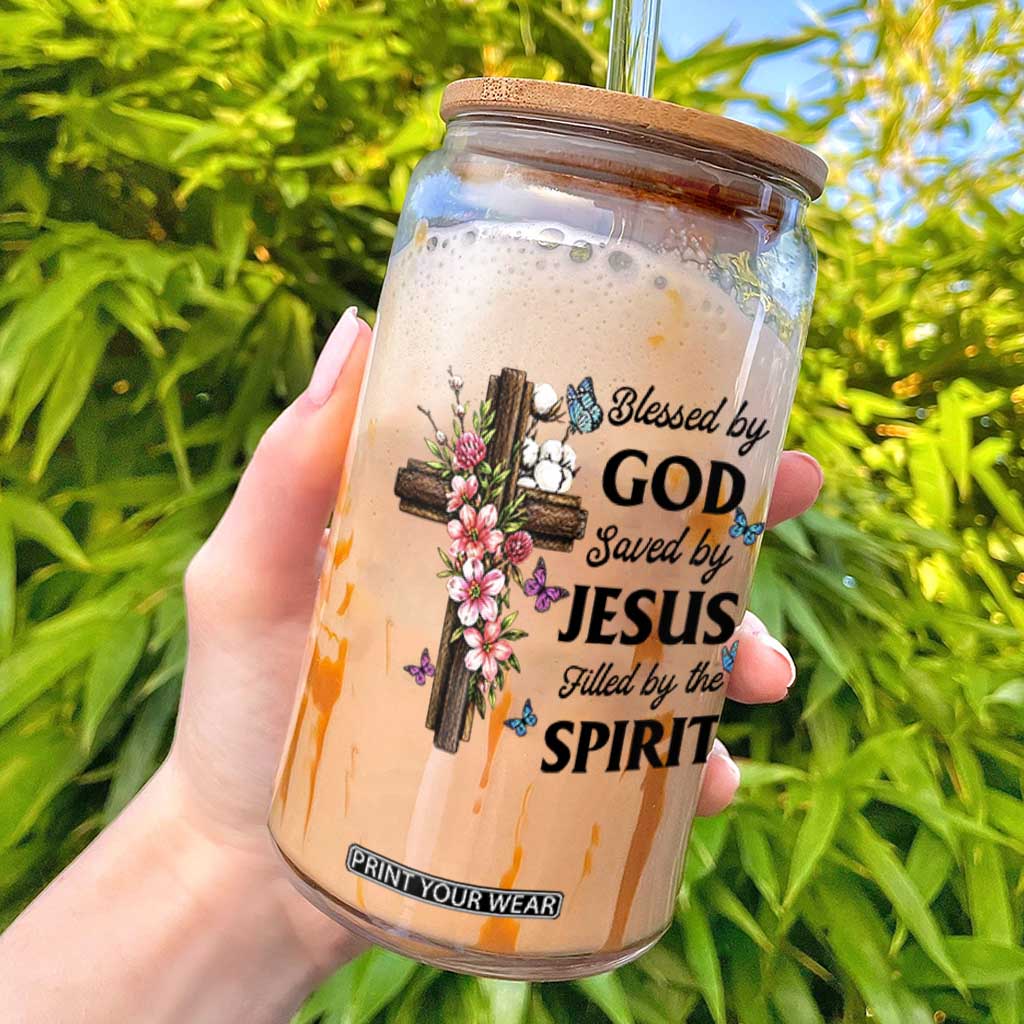 Blessed By God Saved By Jesus Glass Can Floral Cross Christian Faith Inspirational TS10 White Print Your Wear