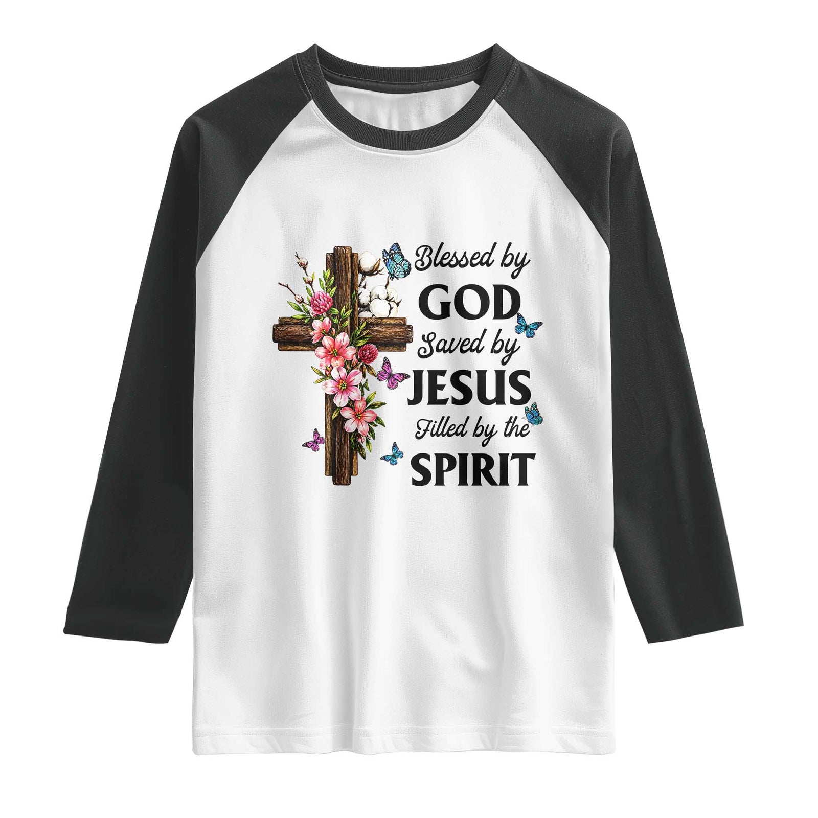 Blessed By God Saved By Jesus Raglan Shirt Floral Cross Christian Faith Inspirational TS10 White Black Print Your Wear