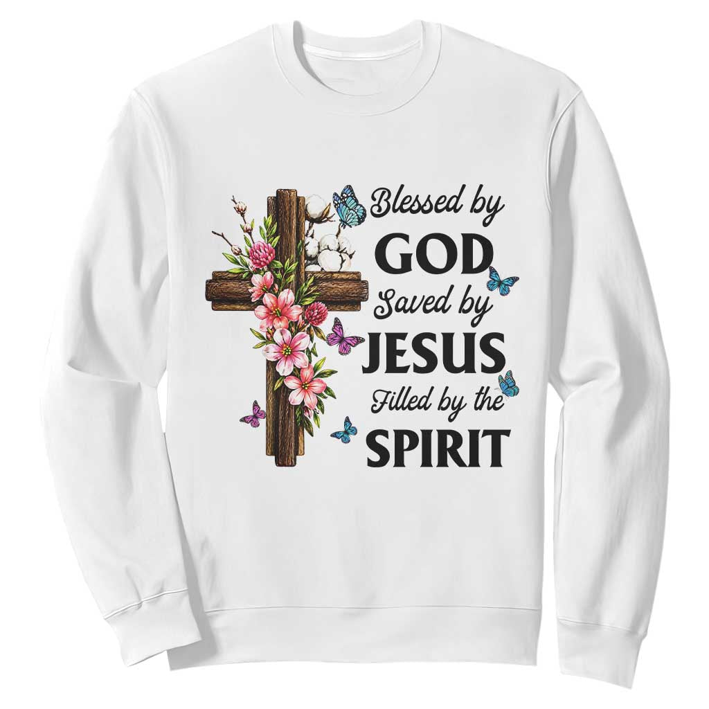 Blessed By God Saved By Jesus Sweatshirt Floral Cross Christian Faith Inspirational TS10 White Print Your Wear