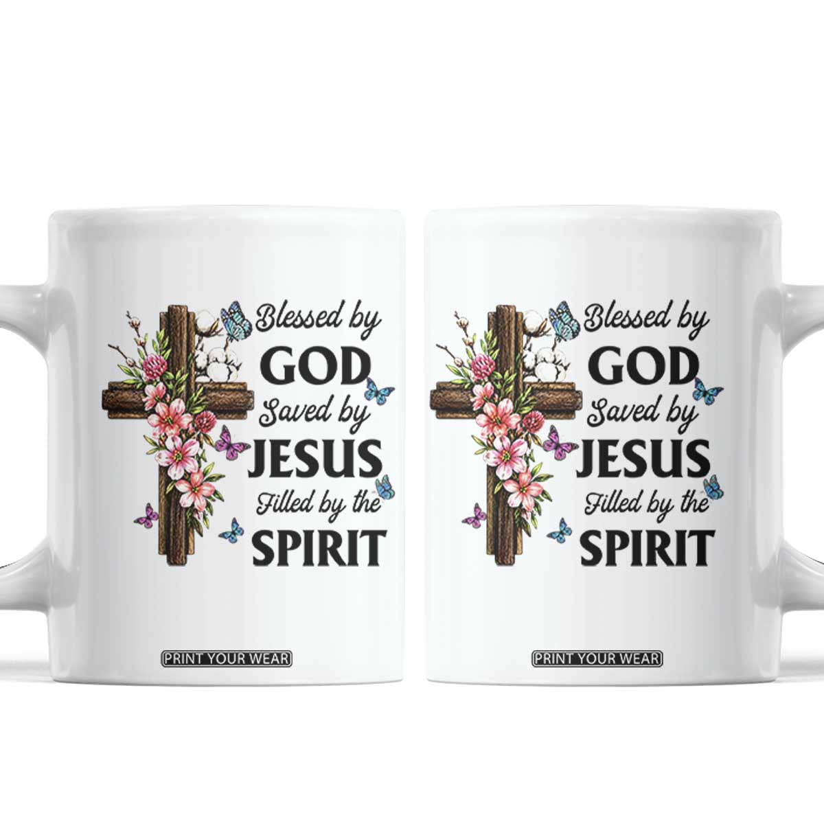 Blessed By God Saved By Jesus Coffee Mug Floral Cross Christian Faith Inspirational TS10 White Print Your Wear