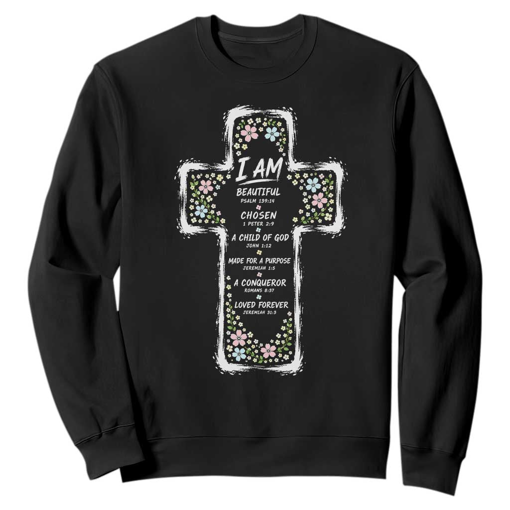 Christian Floral Cross Affirmation Sweatshirt Bible Verse Inspirational Faith Girl Christening Floral TS10 Black Print Your Wear
