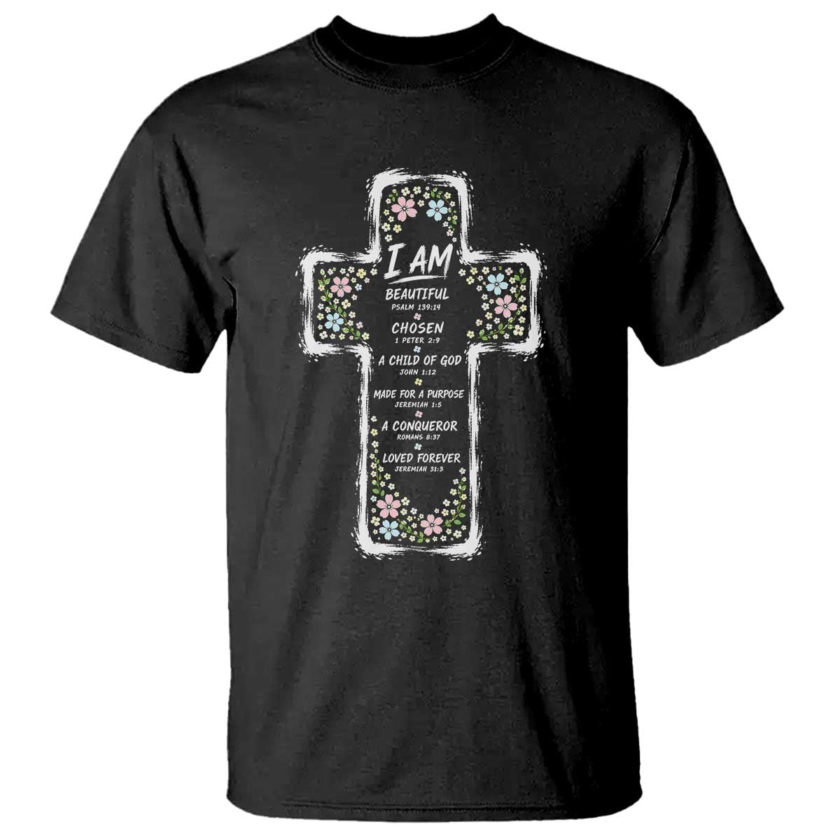 Christian Floral Cross Affirmation T Shirt Bible Verse Inspirational Faith Girl Christening Floral TS10 Black Print Your Wear