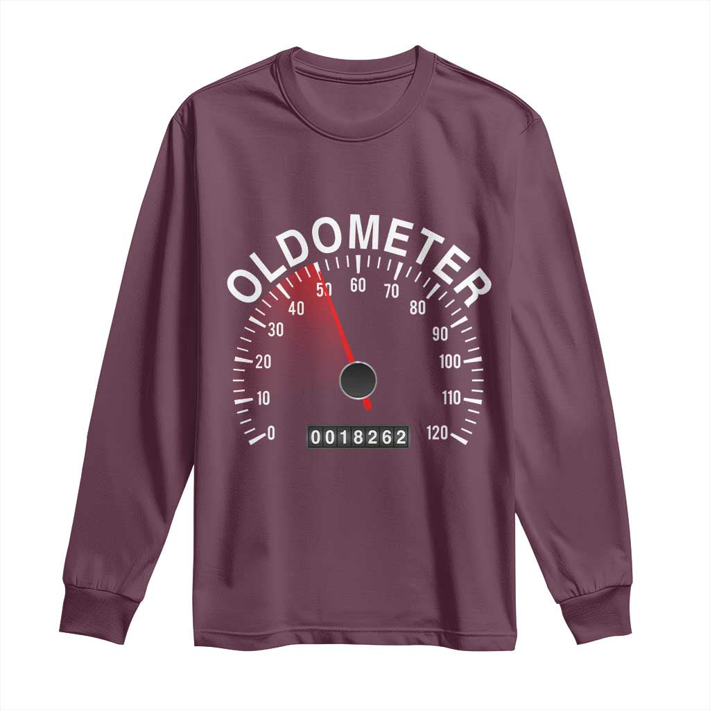 Funny 50th Birthday Long Sleeve Shirt Oldometer Odometer 50 Year Old Joke TS10 Maroon Print Your Wear