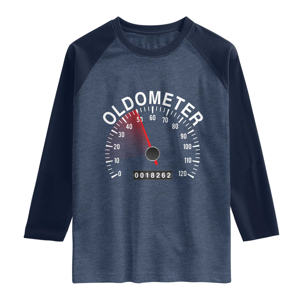 Funny 50th Birthday Raglan Shirt Oldometer Odometer 50 Year Old Joke TS10 Heather Denim Navy Print Your Wear