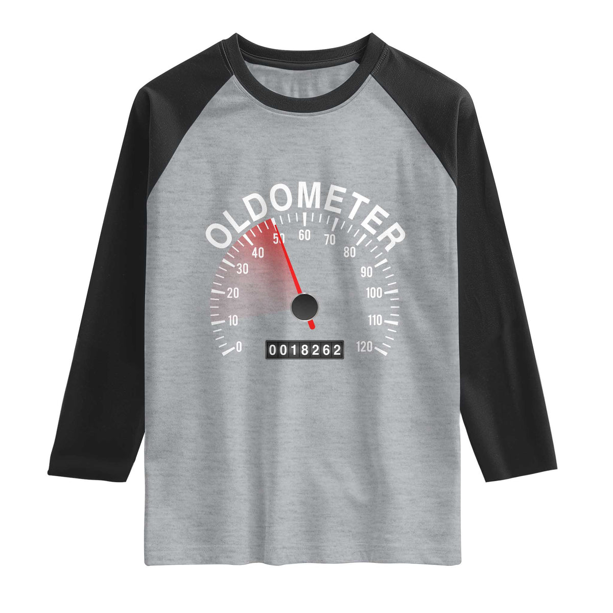 Funny 50th Birthday Raglan Shirt Oldometer Odometer 50 Year Old Joke TS10 Heather Gray Black Print Your Wear