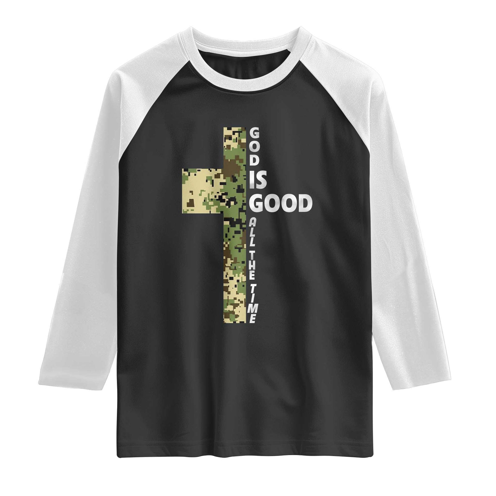 God Is Good Raglan Shirt Camo Cross Religious Jesus Faith Bible Verse Inspirational TS10 Black White Print Your Wear