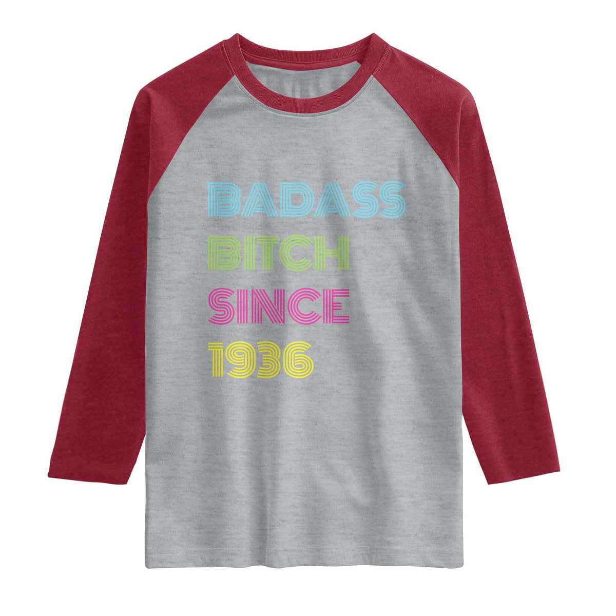 Funny 90th Birthday Raglan Shirt Retro Vintage Badass Bih Since 1936 TS10 Heather Gray Heather Red Print Your Wear