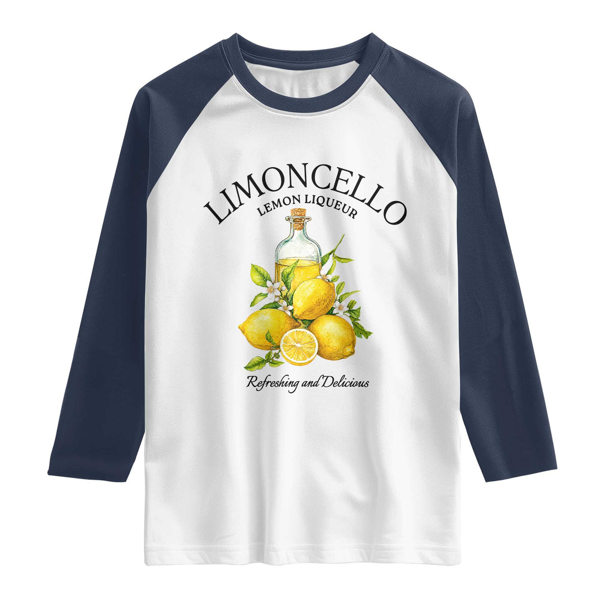 Vintage Limoncello Lemon Liqueur Raglan Shirt Italian Summer Letter Fruit Printed Graphic TS10 White Navy Print Your Wear