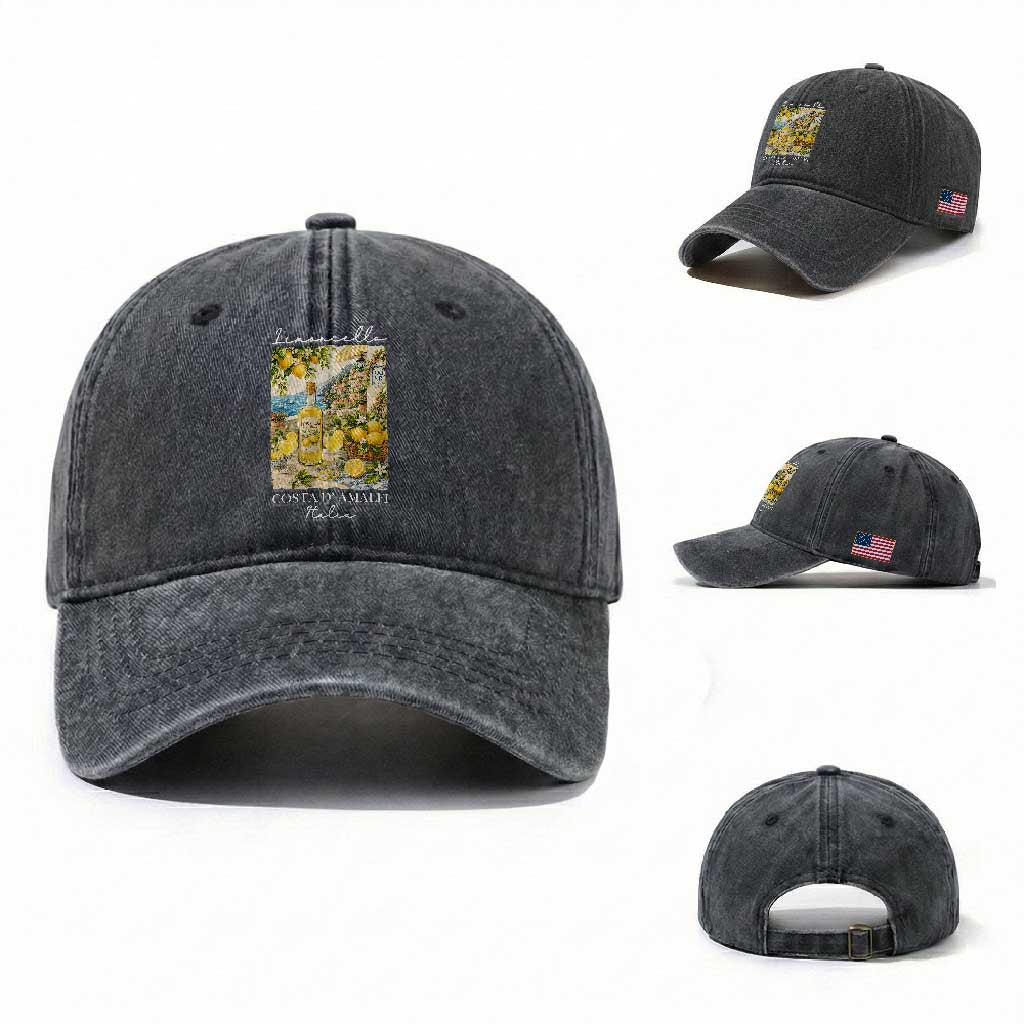Limoncello Amalfi Coast Washed Cotton Baseball Cap Lemon Lover Italian Summer Fruit TS10 Washed Cap Universal Fit Dark Gray Print Your Wear