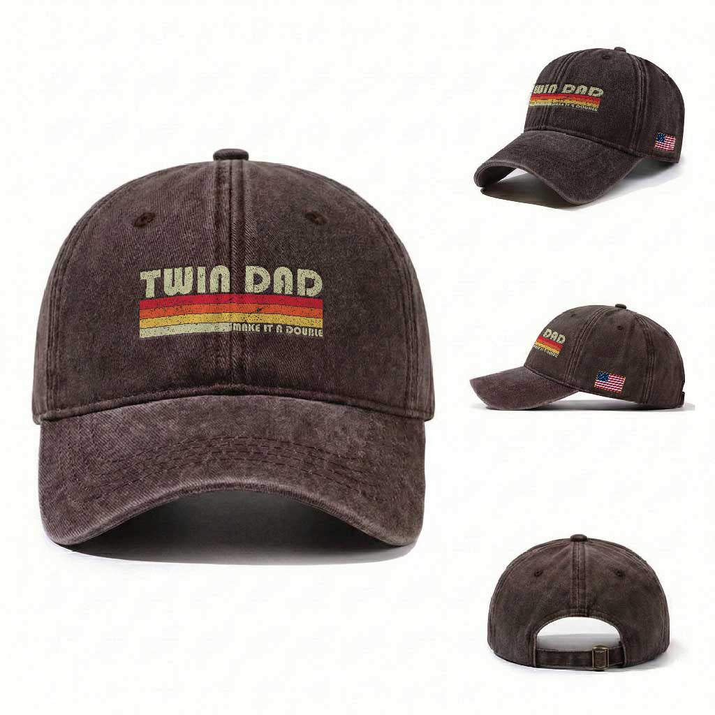 Retro Twin Dad Washed Cotton Baseball Cap Make It A Double Vintage Cool 70s 80s Style Sunset TS10 Washed Cap Universal Fit Dark Brown Print Your Wear