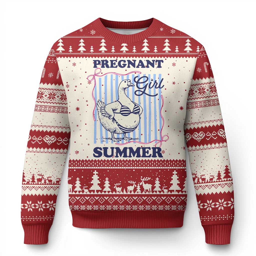 Pregnant Girl Summer Ugly Christmas Sweater Striped Coquette Summer Goose Beach Pregnancy Announcement TS10 Beige Red Print Your Wear