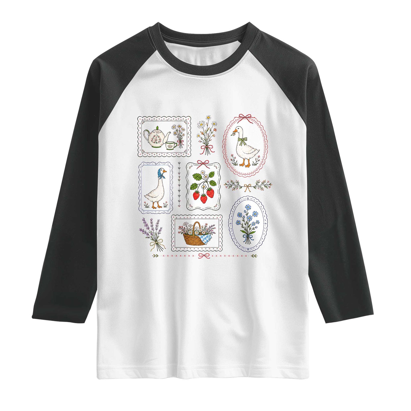 Cottagecore Goose Raglan Shirt Strawberry Gardening Summer Spring TS10 White Black Print Your Wear