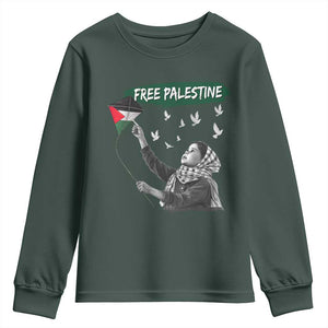 Free Palestine Youth Sweatshirt Gaza Palestinian Flag TS10 Dark Forest Green Print Your Wear