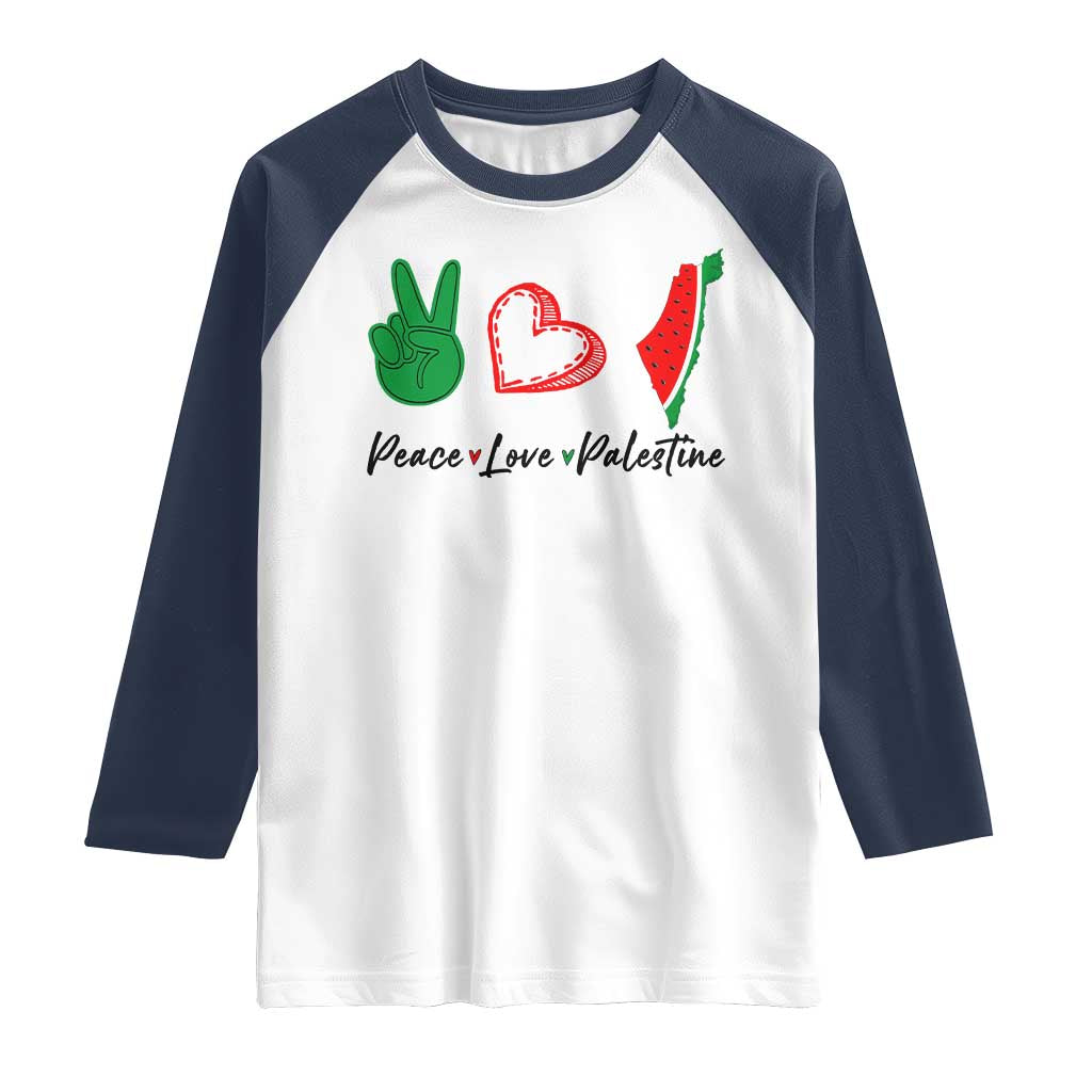Peace Love Palestine Raglan Shirt Gaza Palestinian Flag TS10 White Navy Print Your Wear