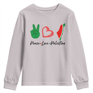 Peace Love Palestine Youth Sweatshirt Gaza Palestinian Flag TS10 Ice Gray Print Your Wear