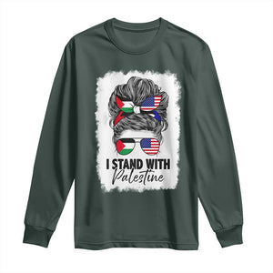 Stand With Palestine Long Sleeve Shirt Messy Bun Gaza Palestinian Flag TS10 Dark Forest Green Print Your Wear