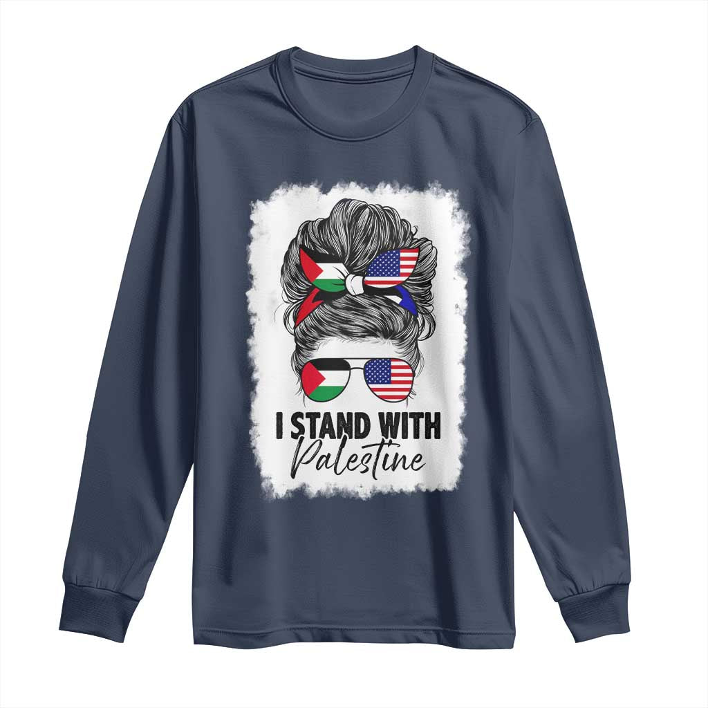 Stand With Palestine Long Sleeve Shirt Messy Bun Gaza Palestinian Flag TS10 Navy Print Your Wear