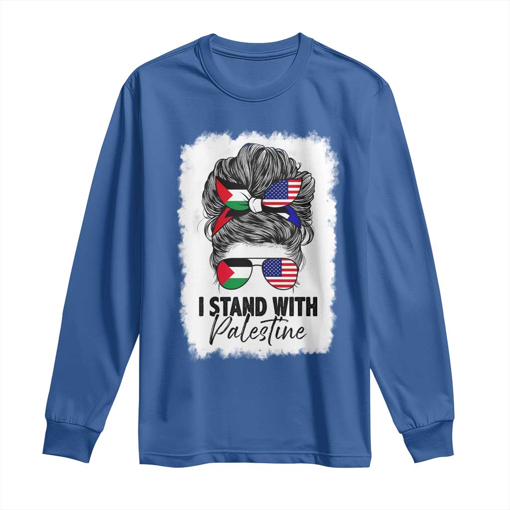 Stand With Palestine Long Sleeve Shirt Messy Bun Gaza Palestinian Flag TS10 Royal Blue Print Your Wear