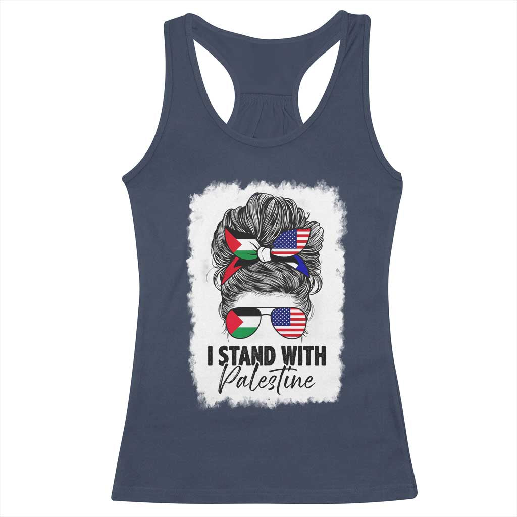 Stand With Palestine Racerback Tank Top Messy Bun Gaza Palestinian Flag TS10 Navy Print Your Wear