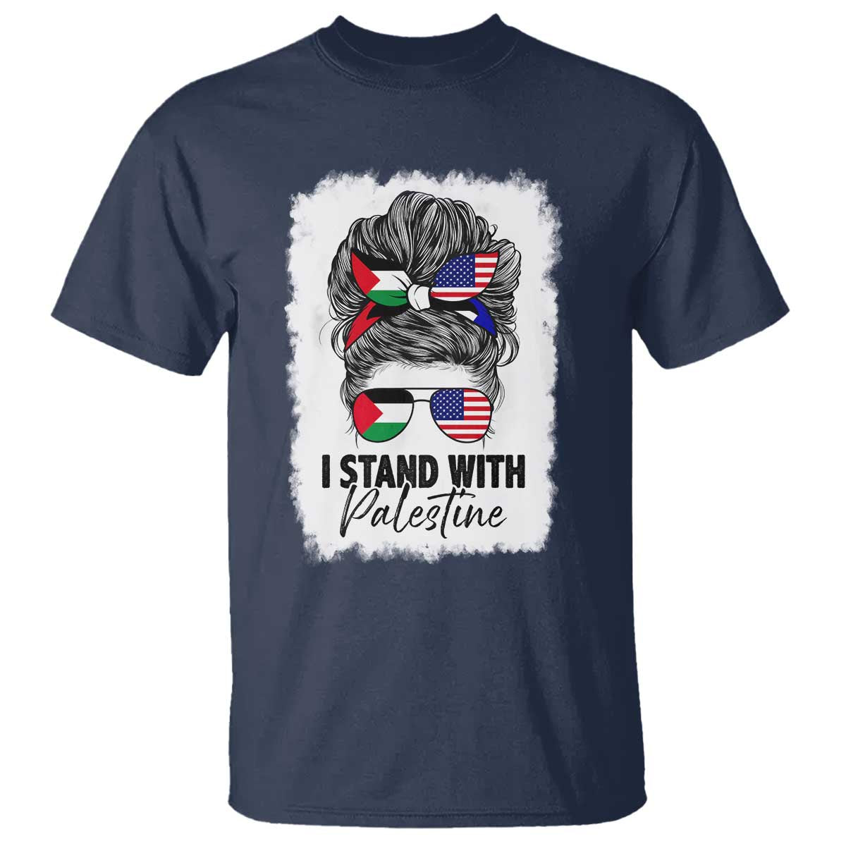 Stand With Palestine T Shirt Messy Bun Gaza Palestinian Flag TS10 Navy Print Your Wear