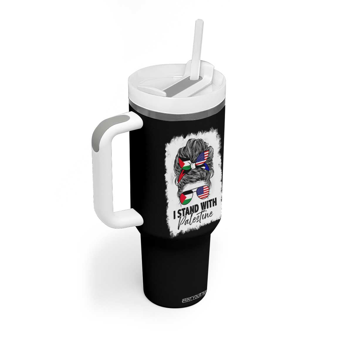 Stand With Palestine Tumbler With Handle Messy Bun Gaza Palestinian Flag TS10 Print Your Wear