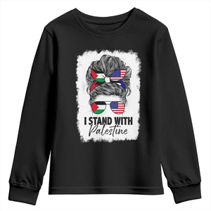 Stand With Palestine Youth Sweatshirt Messy Bun Gaza Palestinian Flag TS10 Black Print Your Wear