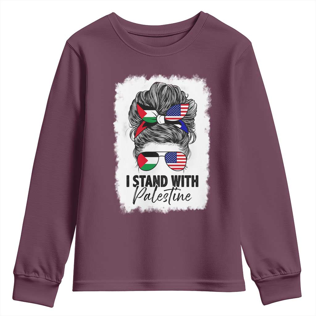 Stand With Palestine Youth Sweatshirt Messy Bun Gaza Palestinian Flag TS10 Maroon Print Your Wear