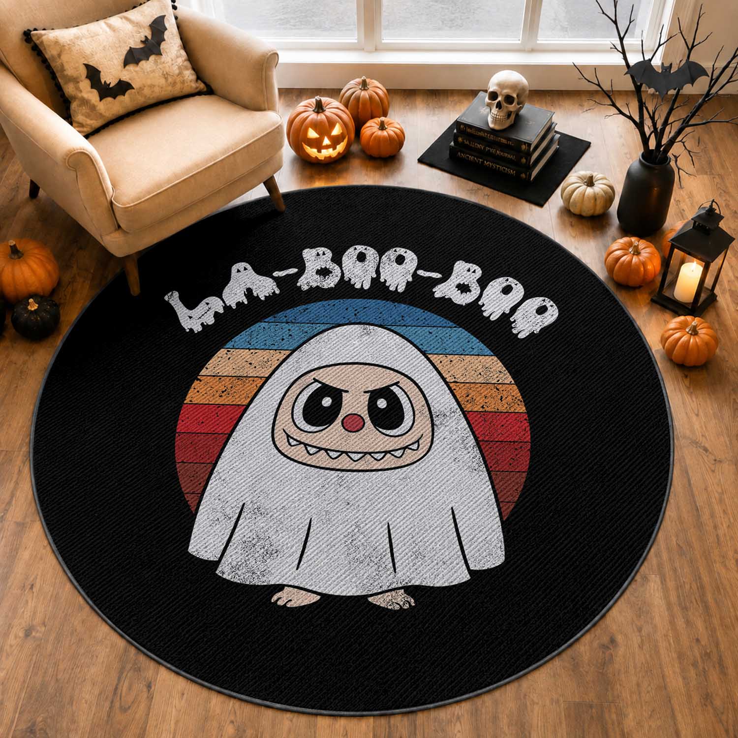 Cute Ghost Halloween Costume Round Rug Retro Spooky Trending Cartoon La Boo Boo