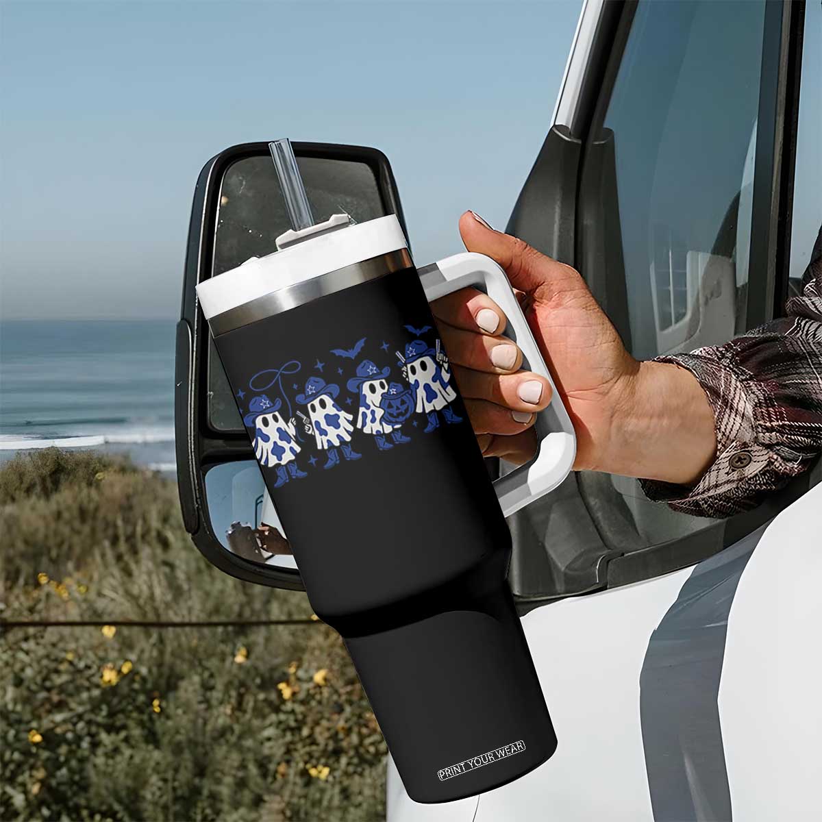 Ghost Halloween Tumbler With Handle Retro Halloween Costume Cowboy Fan TS10 Print Your Wear