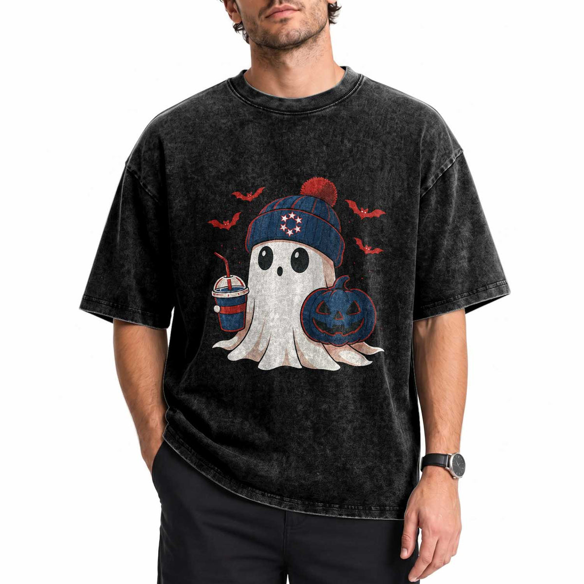 Ghost Halloween Washed Cotton T-Shirt Retro Patriot Halloween Costume TS10 Print Your Wear