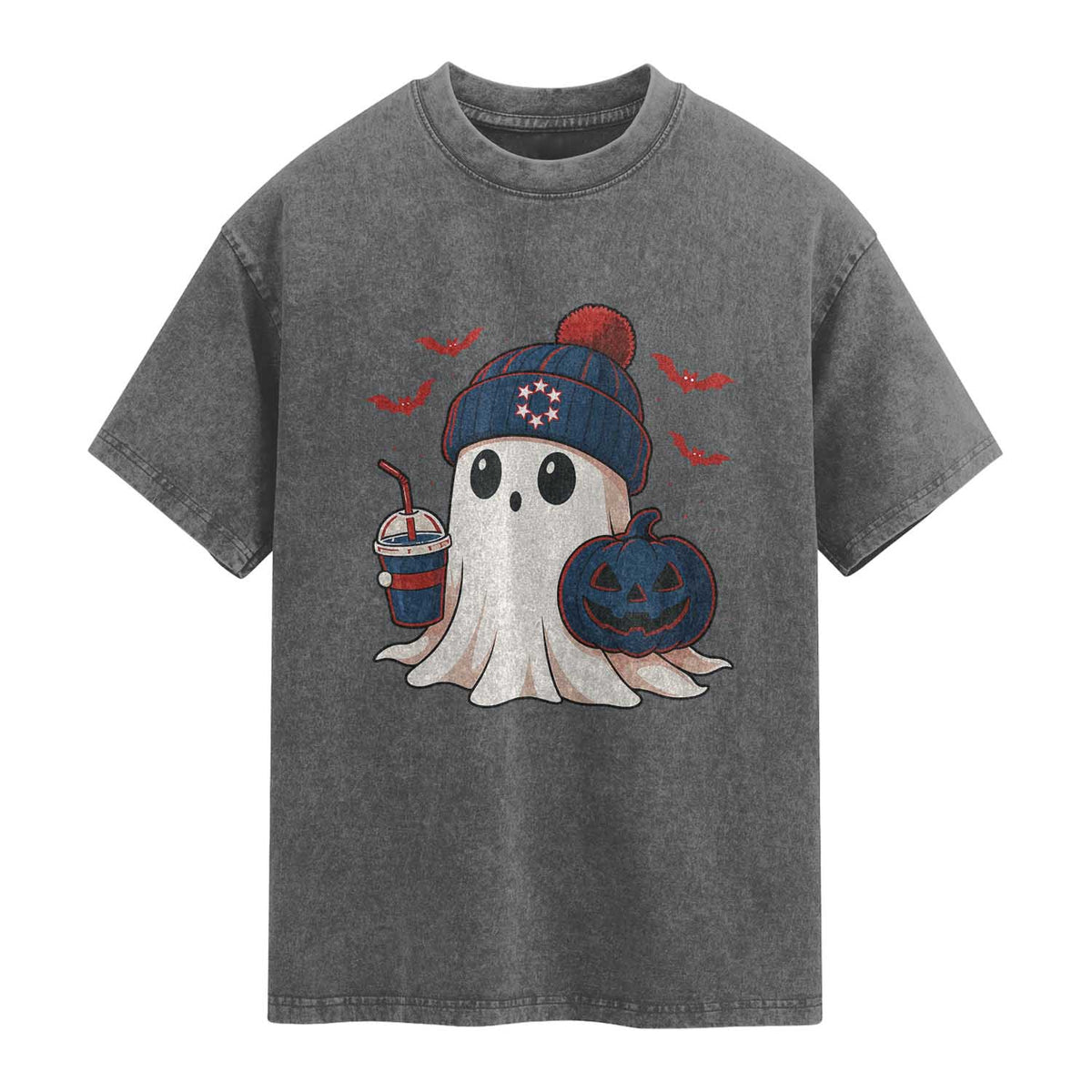 Ghost Halloween Washed Cotton T-Shirt Retro Patriot Halloween Costume TS10 Charcoal Print Your Wear