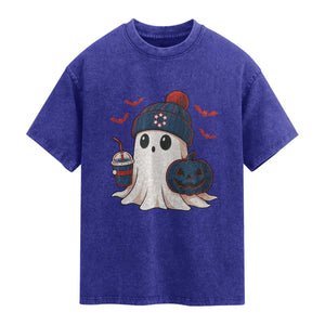 Ghost Halloween Washed Cotton T-Shirt Retro Patriot Halloween Costume TS10 Indigo Blue Print Your Wear