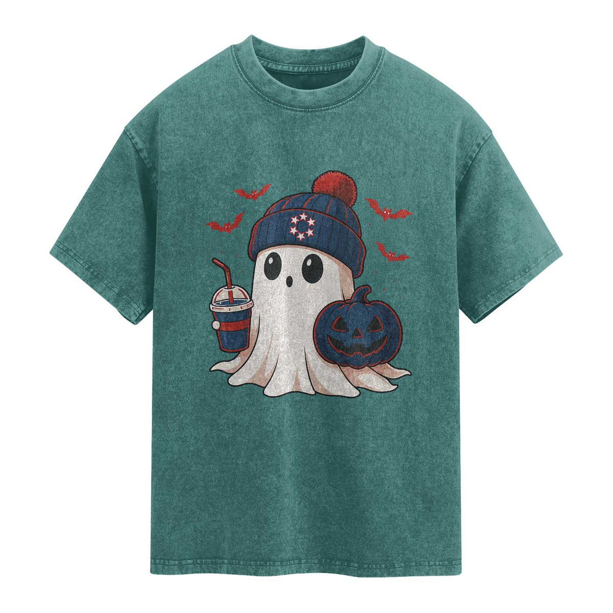 Ghost Halloween Washed Cotton T-Shirt Retro Patriot Halloween Costume TS10 Teal Green Print Your Wear