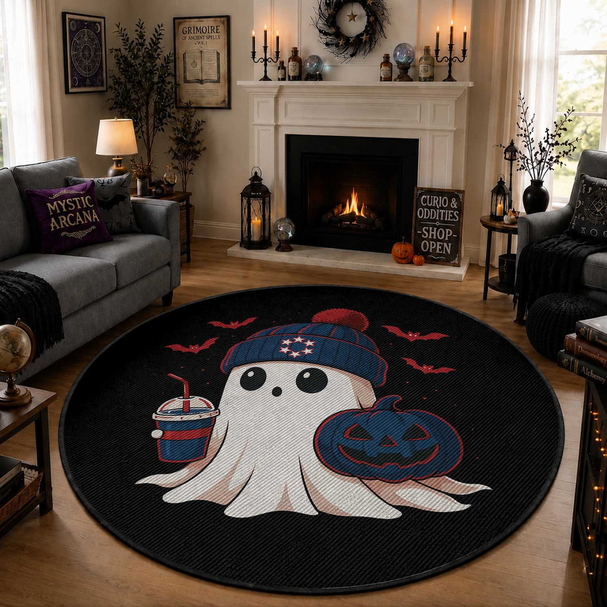 Ghost Halloween Round Rug Retro Patriots Halloween Costume