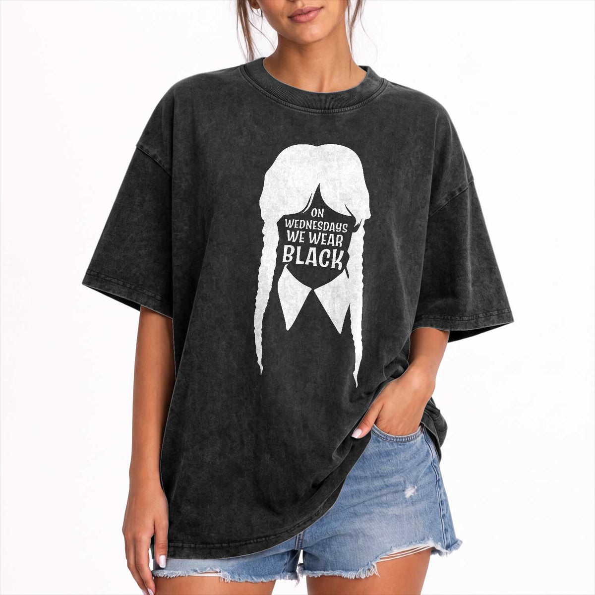 On Wednesdays We Wear Black Washed Cotton T-Shirt Goth Halloween TS10 Print Your Wear