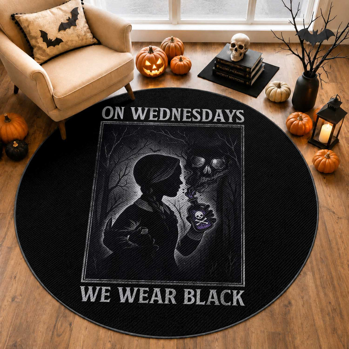 On Wednesdays We Wear Black Round Rug Tarot Card Goth Halloween