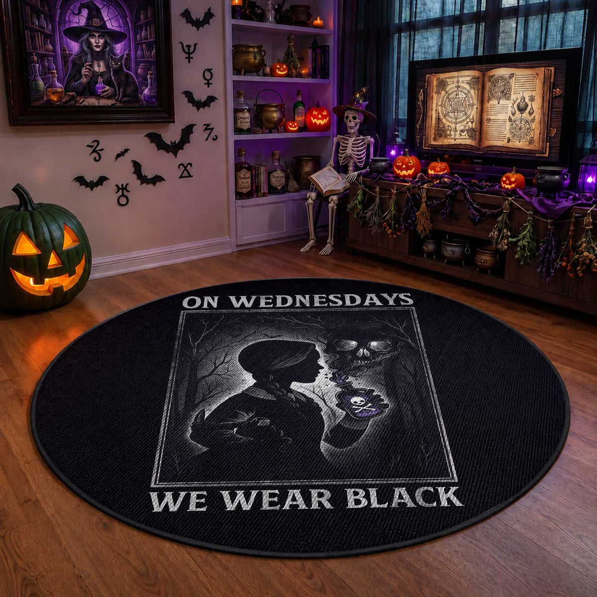 On Wednesdays We Wear Black Round Rug Tarot Card Goth Halloween