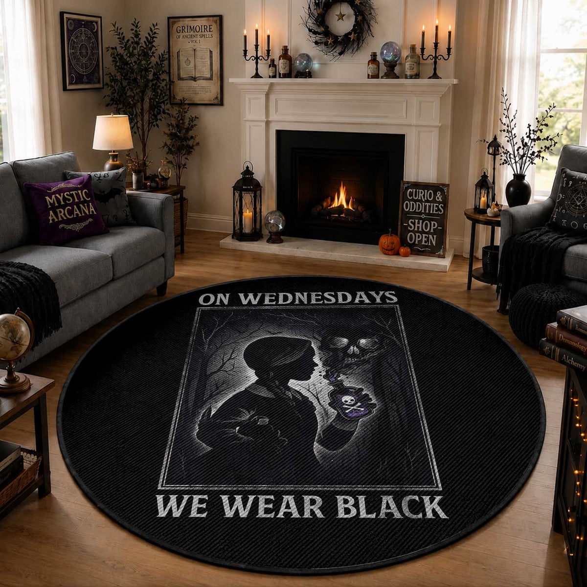 On Wednesdays We Wear Black Round Rug Tarot Card Goth Halloween