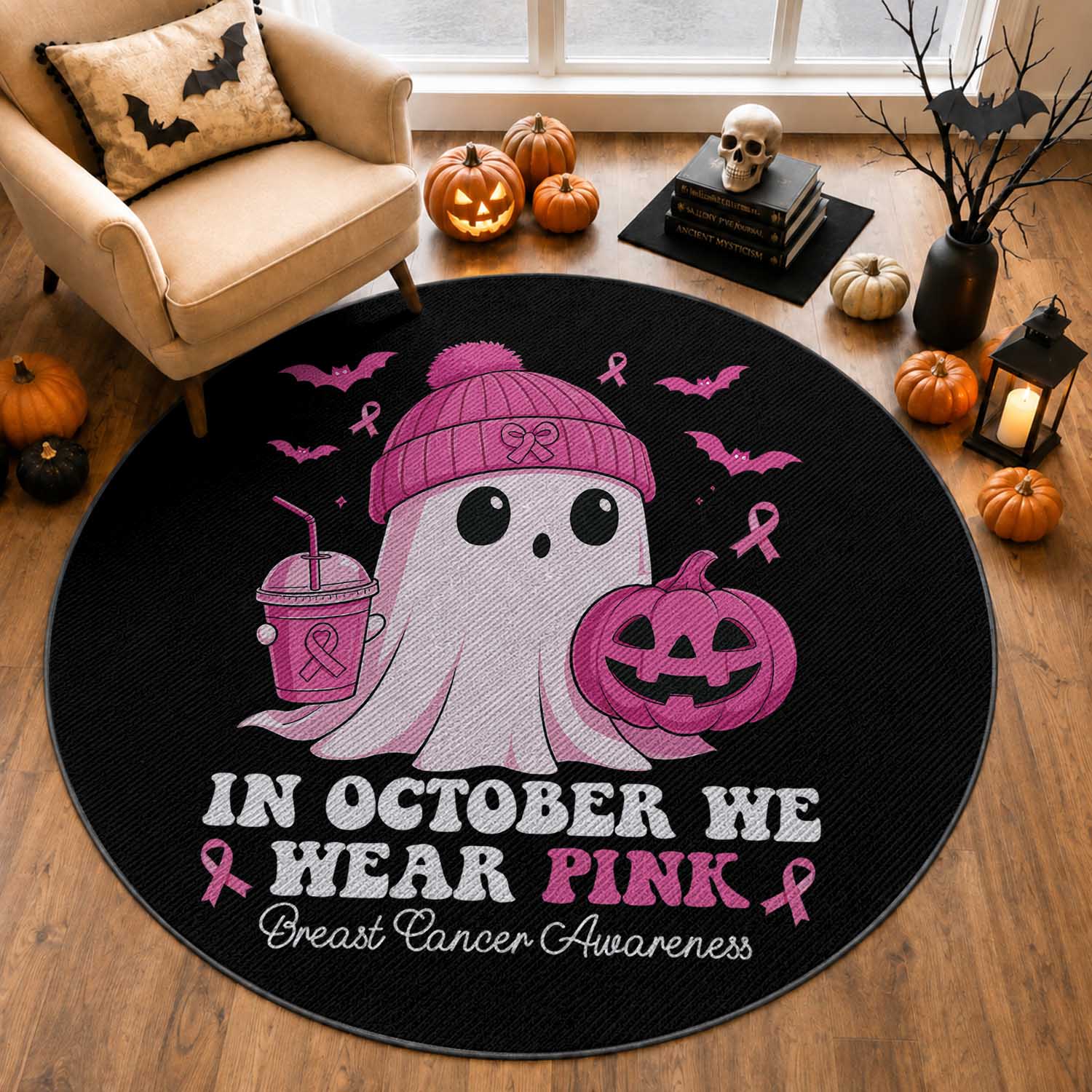 In October We Wear Pink Ghost Round Rug Halloween Breast Cancer Pink Ribbon Pumpkin