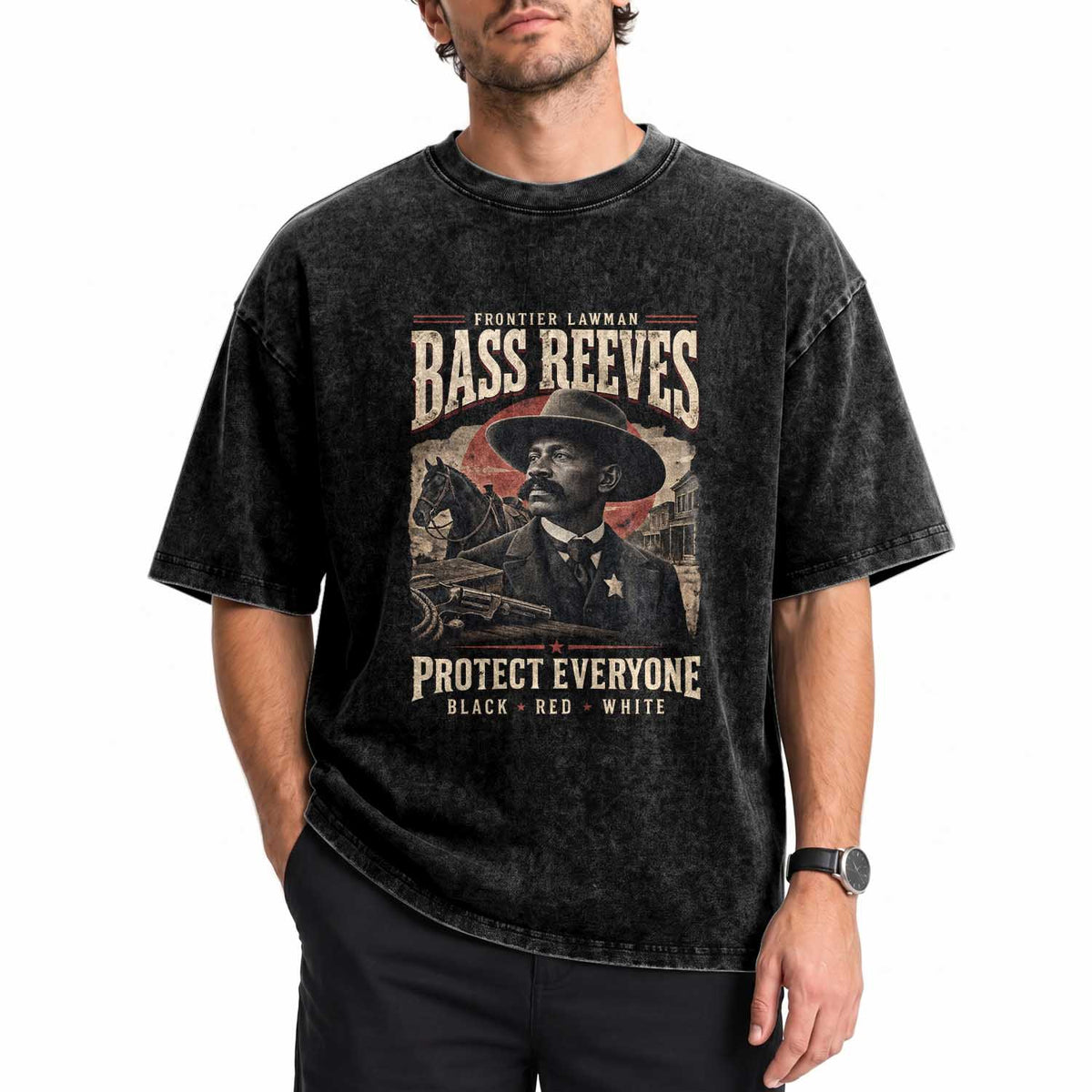 Bass Reeves Washed Cotton T-Shirt Frontier Lawman Protect Everyone Black History Graphic