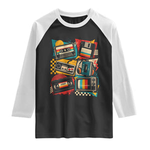 Vintage 80s 90s Retro Party Costume Nostalgia Cassette Tape Floppy Disk Graphic Raglan Shirt