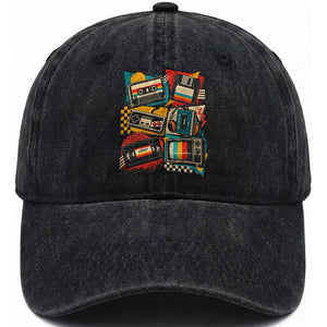 Vintage 80s 90s Retro Party Costume Nostalgia Cassette Tape Floppy Disk Graphic Washed Cotton Baseball Cap