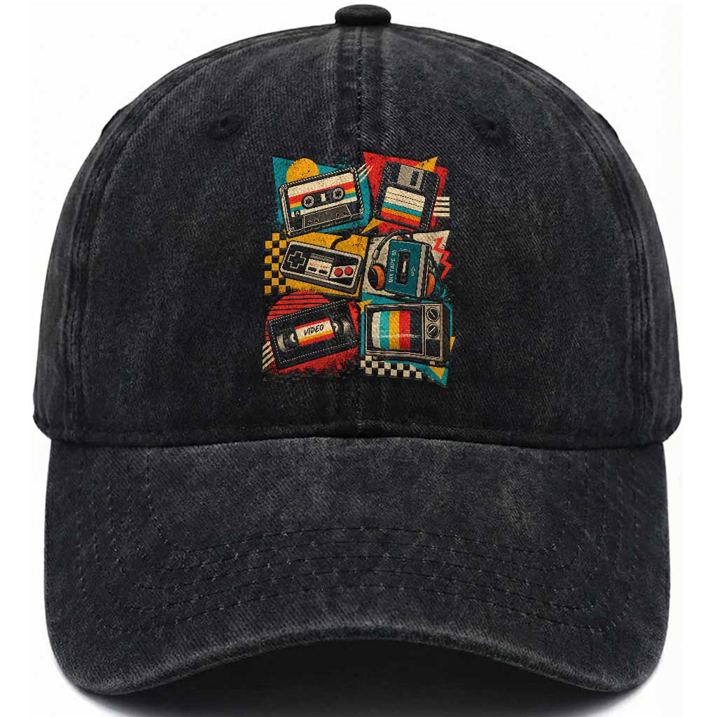 Vintage 80s 90s Retro Party Costume Nostalgia Cassette Tape Floppy Disk Graphic Washed Cotton Baseball Cap