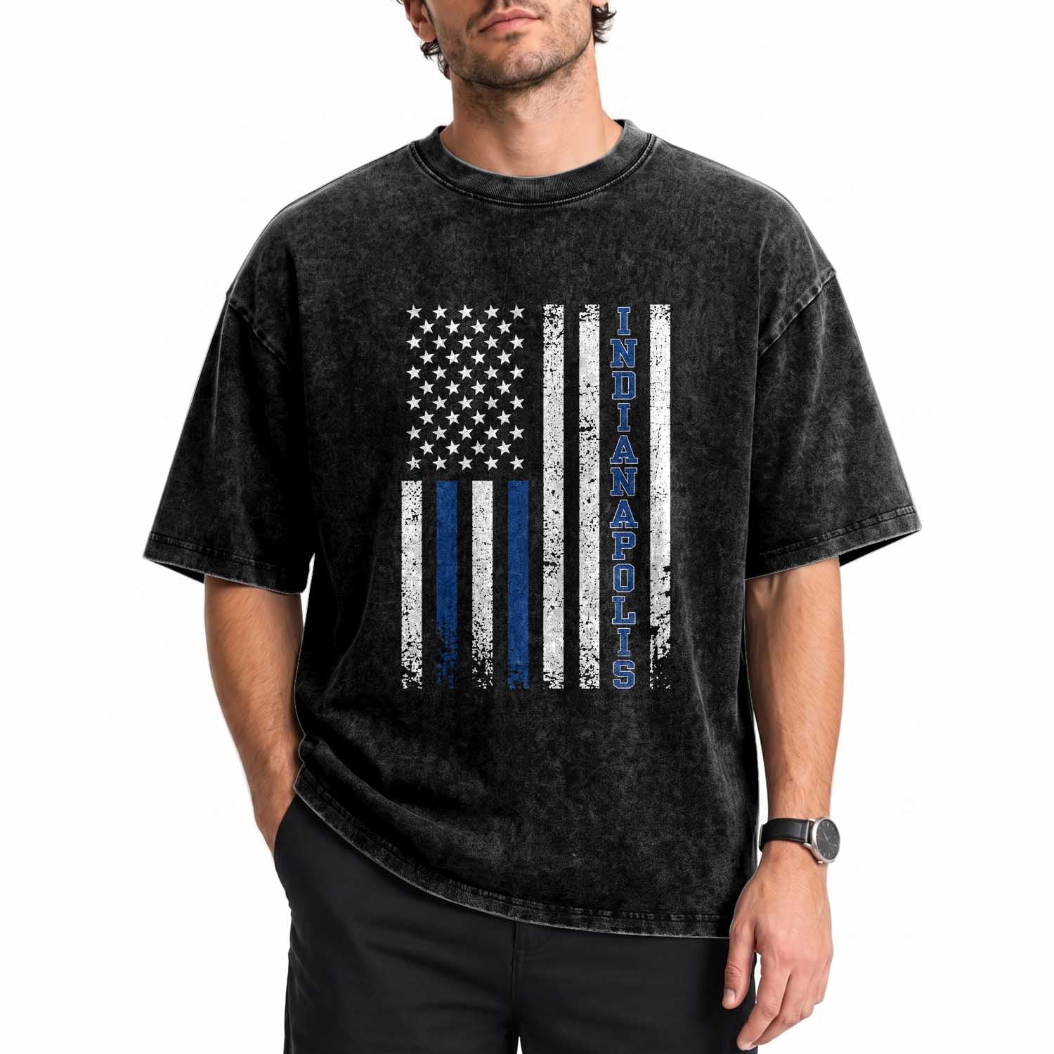 Indianapolis Game Day Distressed USA Flag Washed Cotton T-Shirt Retro Indiana City Local Pride Aesthetic