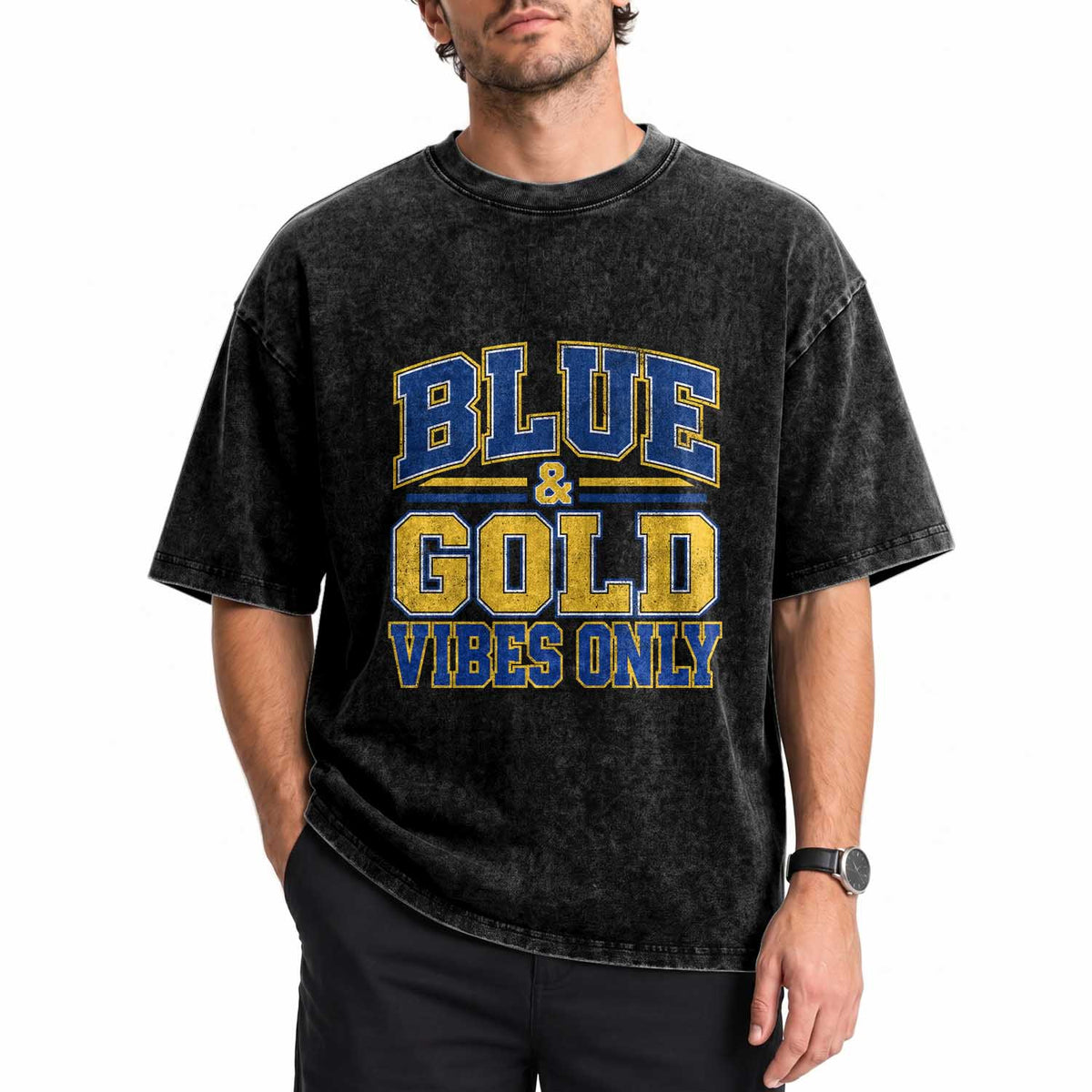 Blue Gold Vibes Only Varsity Game Day Graphic Washed Cotton T-Shirt